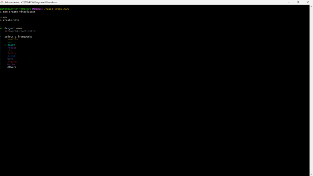A screenshot of the Vite CLI showing the option to select React.
