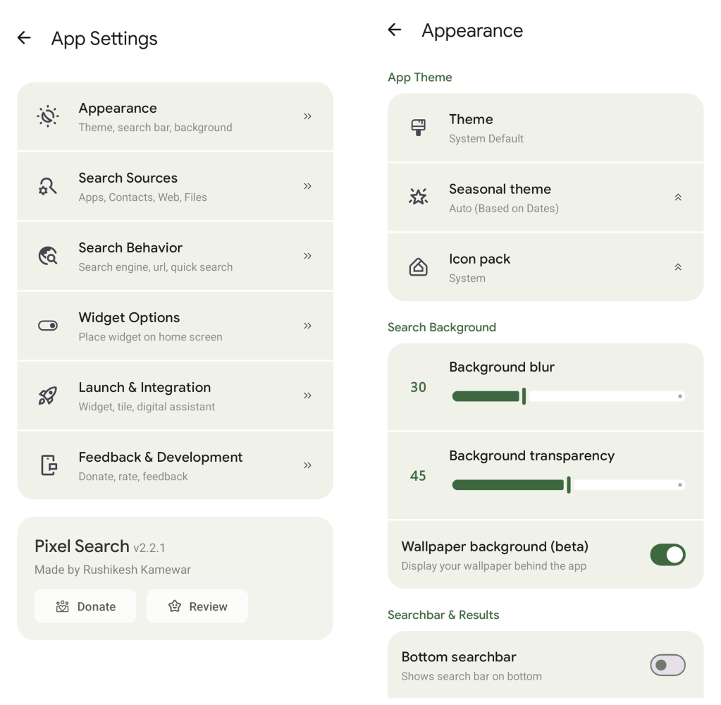 Pixel Search - Android search settings