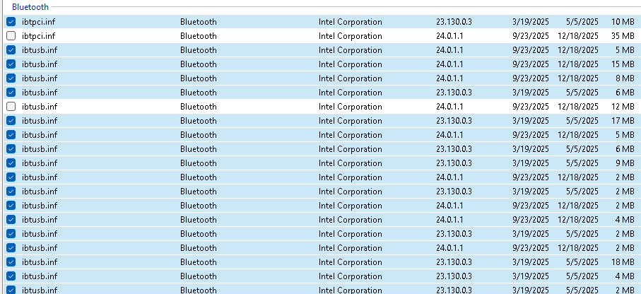 rapr screen showing list of drivers on pc with multiple copies of ibtusb.inf