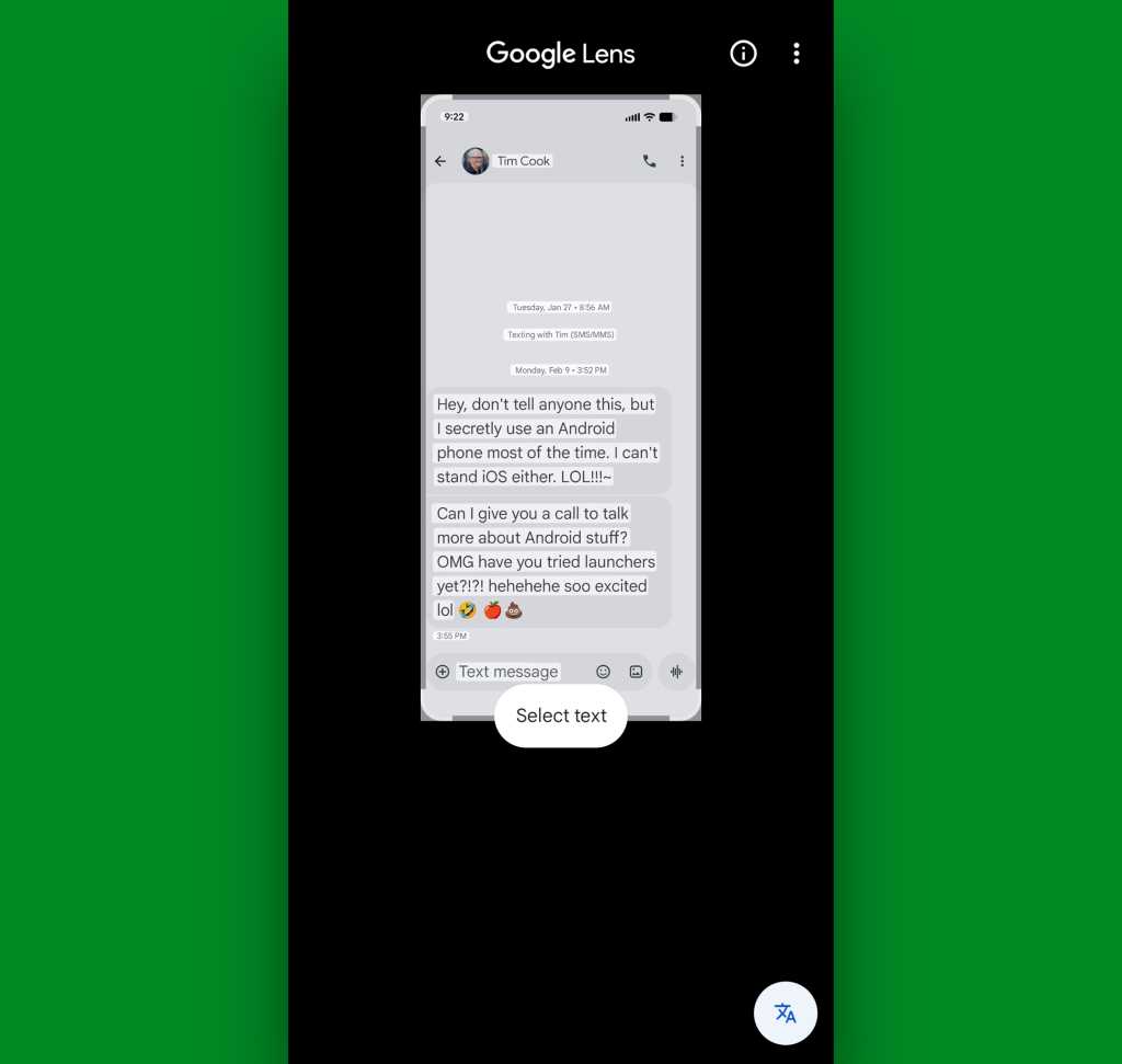 Android Google Messages — select text: Google Lens