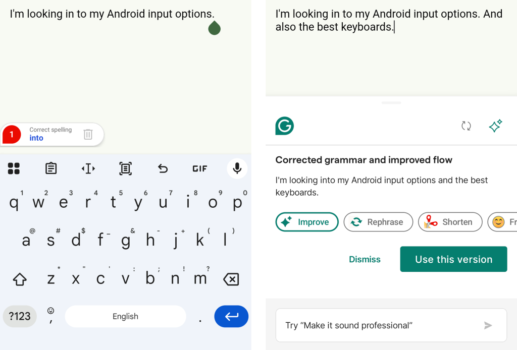 grammarly pop-ups with editing suggestions for typed text
