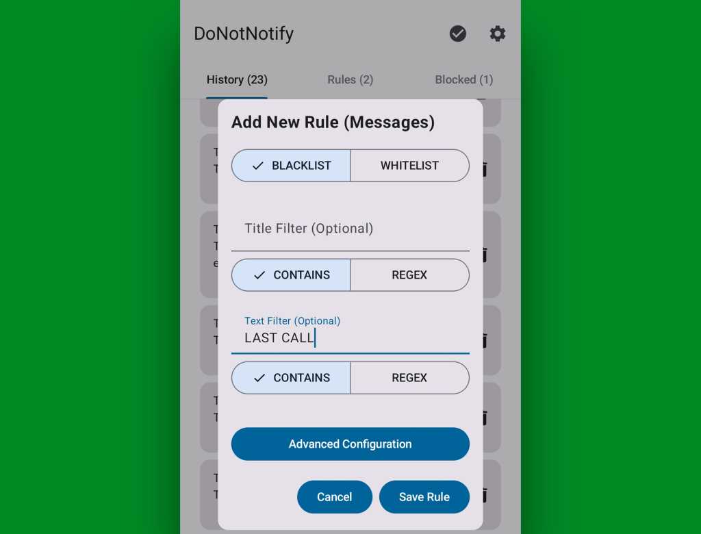 Android notification blocking — DoNotNotify: Setup (2)