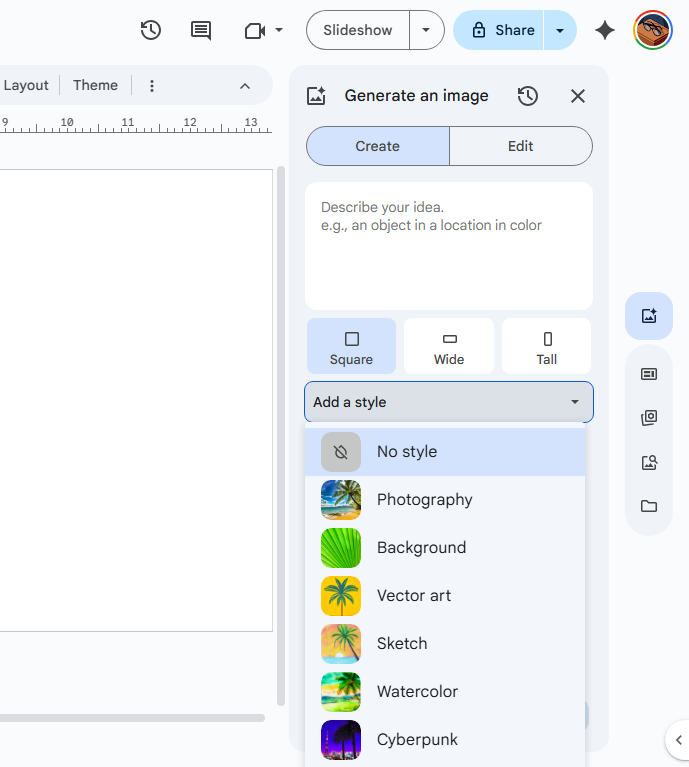 generate an image sidebar in google slides - open to create tab