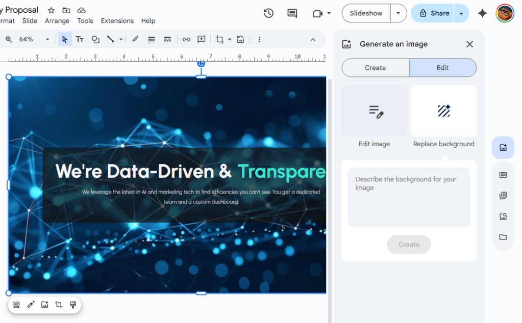 generate an image sidebar in google slides showing edit tab