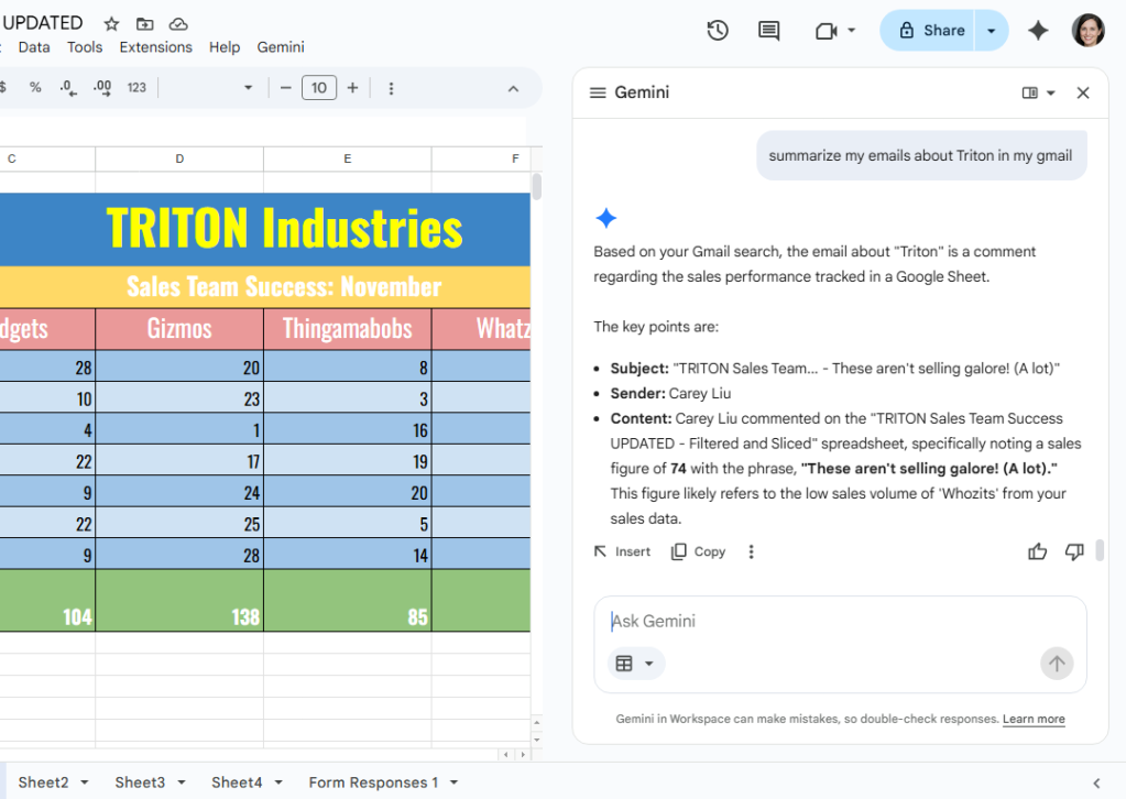 gemini sidebar in google sheets showing summary of specified emails
