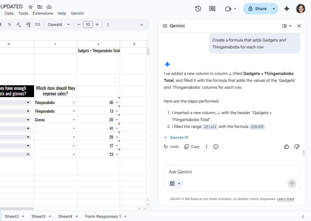 google sheets spreadsheet with new column - gemini sidebar is open to right with explanation of steps gemini took to add and fill in the column