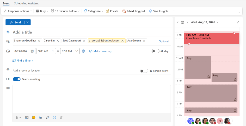 screenshot of outlook event form with attendees added