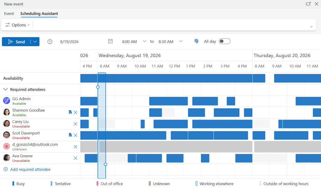 screenshot of outlook scheduling assistant showing a grid with invitees availability