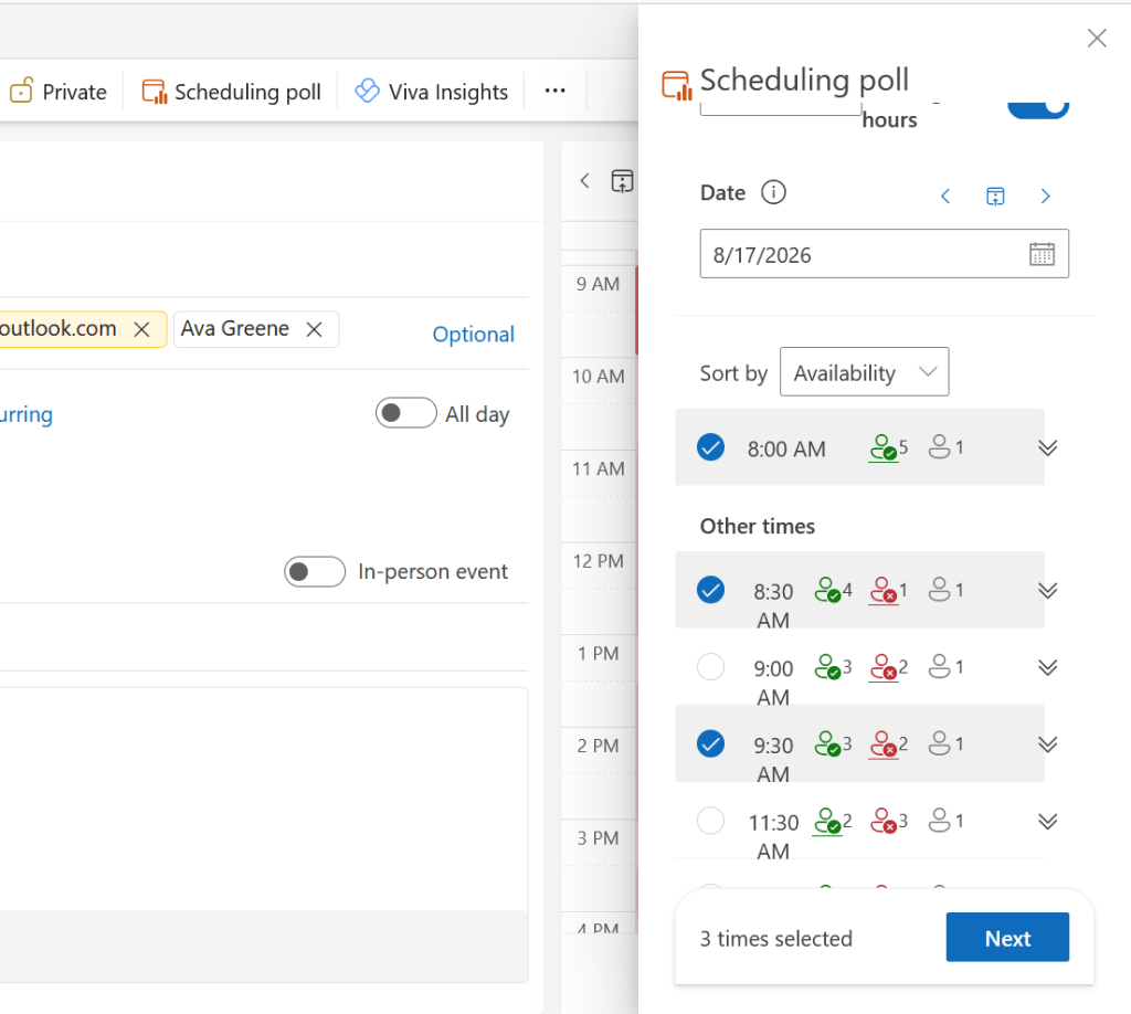 आउटलुक में शेड्यूलिंग पोल साइडबार का स्क्रीनशॉट