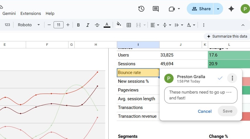 spreadsheet in google sheets with a comment on it