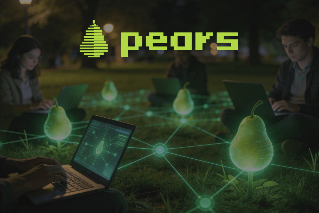 image of people sat on grass with lines of light coming out of their laptops, going into pears