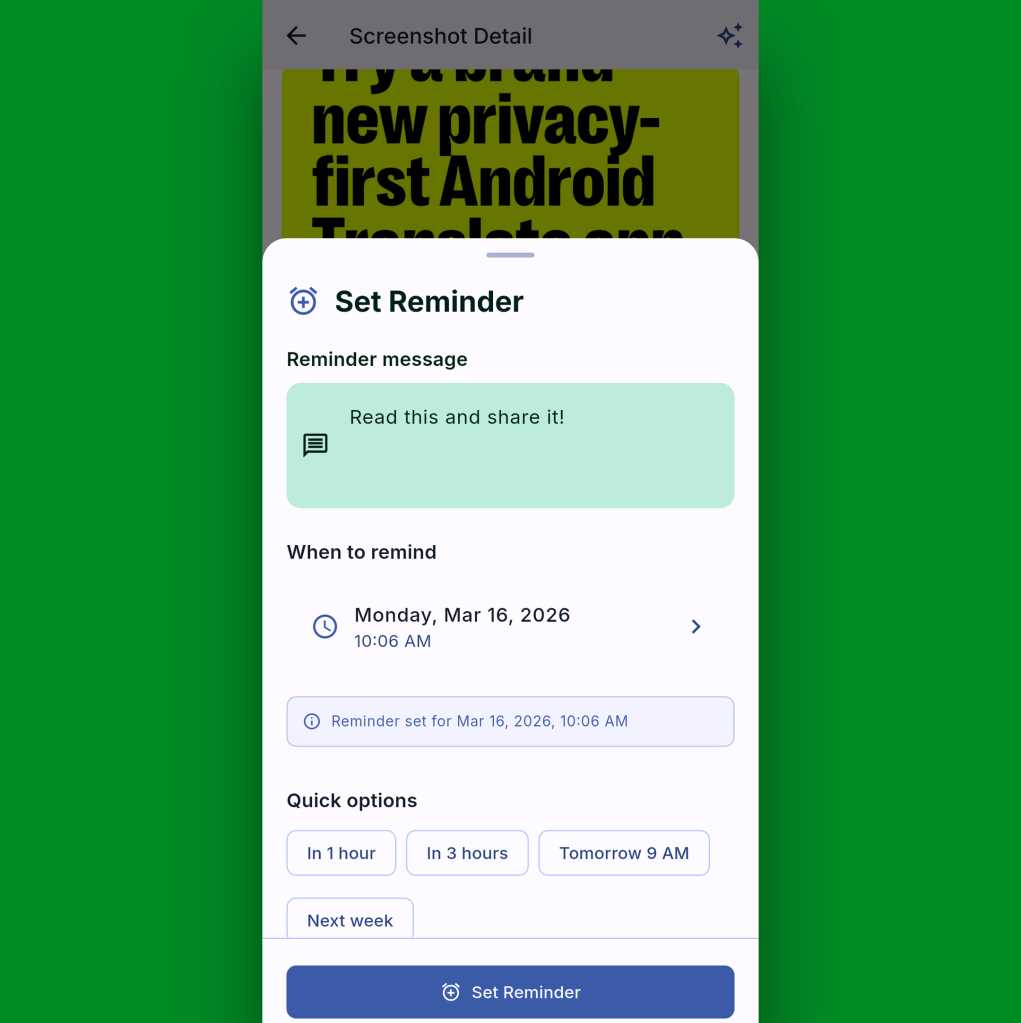 Android screenshot memo: Shots Studio reminder
