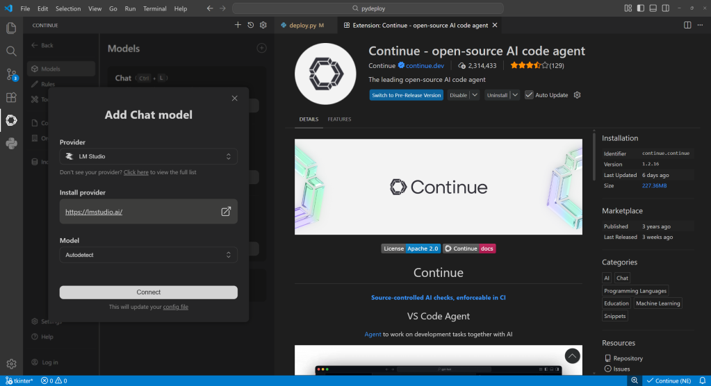 Continue, an extension for Visual Studio Code that connects to a variety of LLM providers