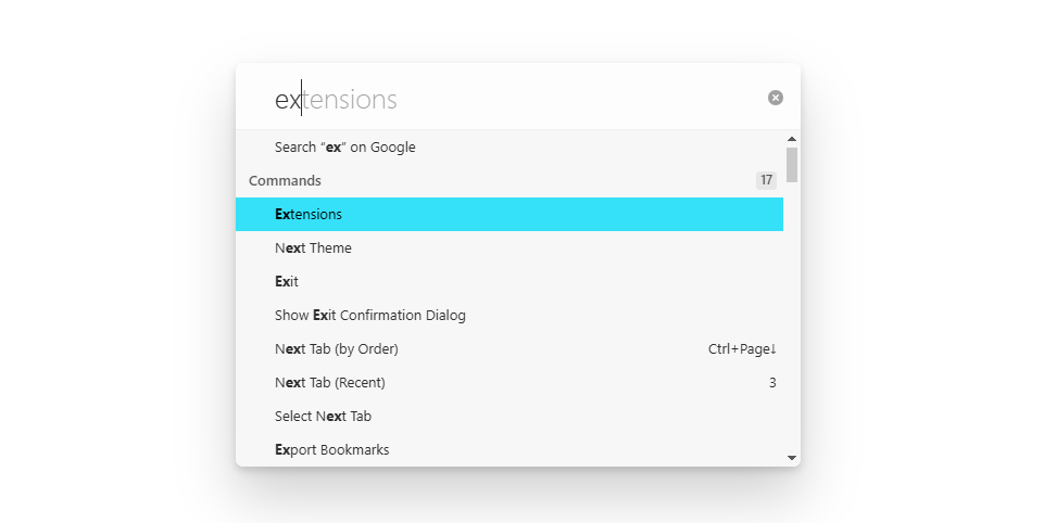 quick commands menu dropping down from search box with 'ex' typed in