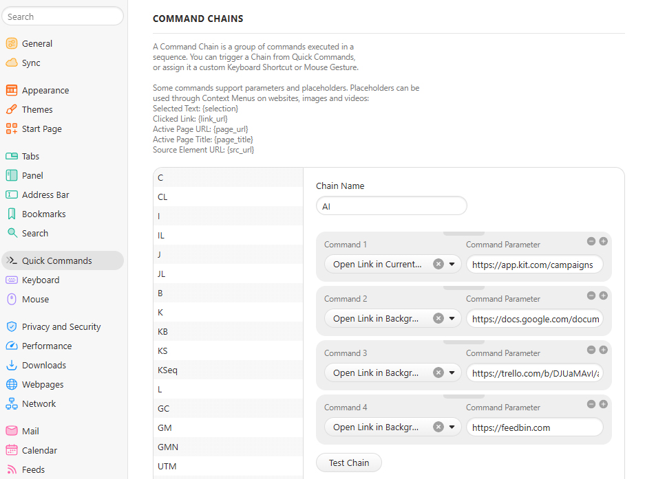 vivaldi browser command chains screen with specified sequence of actions