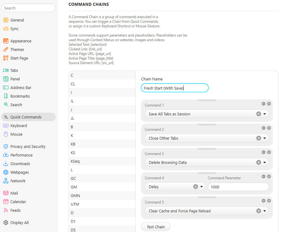 vivaldi browser with command chain for saving tabs, deleting browsing data, clearing cache and reloading page