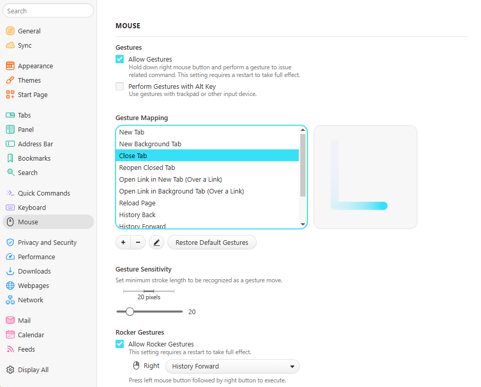 choosing various mouse gesture options in vivaldi
