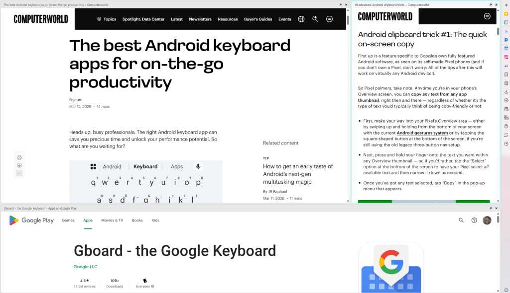 vivaldi browser window with three websites open in a tiled formation