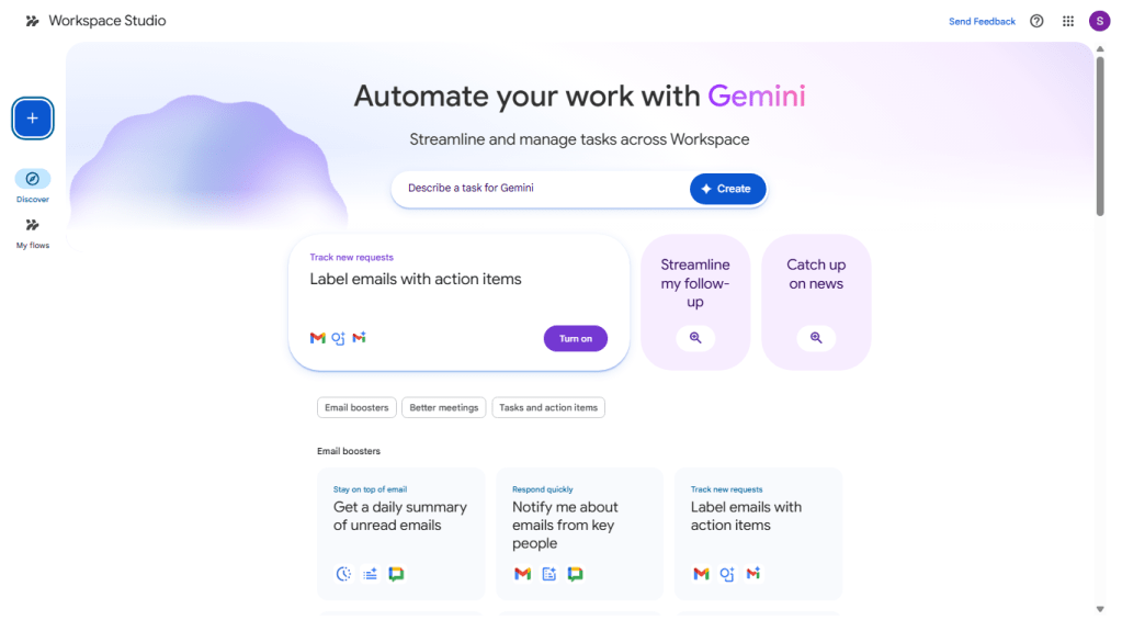 screenshot of workspace studio home page with gemini entry box and featured templates