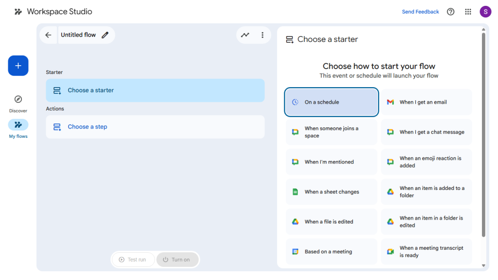 screenshot of google workspace studio flow builder tool with starters to choose from listed in the right pane