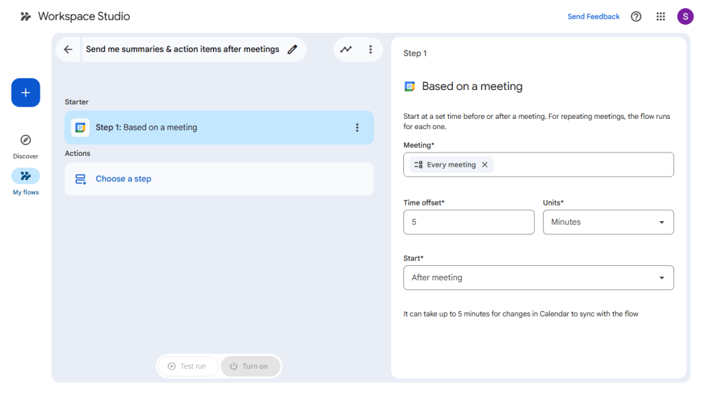 screenshot of workspace studio flow builder tool with a flow specified in left pane and setting its parameters in right pane