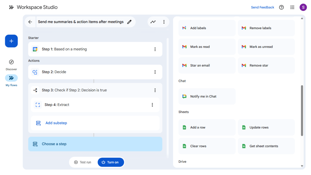 screenshot of workspace studio flow builder tool with a starter and several steps built out