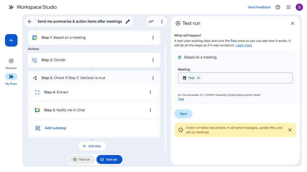 screenshot of flow in workspace studio flow builder tool, test run pane appears on right