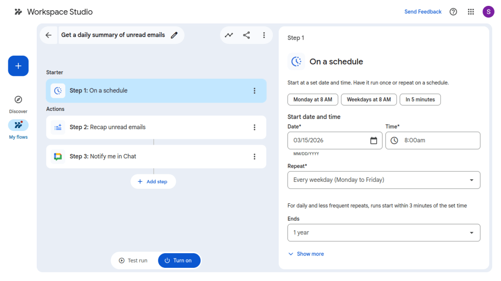 screenshot of workspace studio flow builder tool with flow template