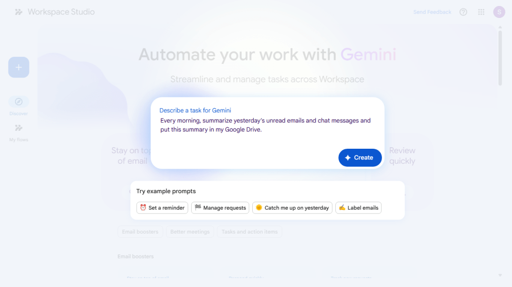 screenshot of workspace studio home page with prompt entered in gemini entry field