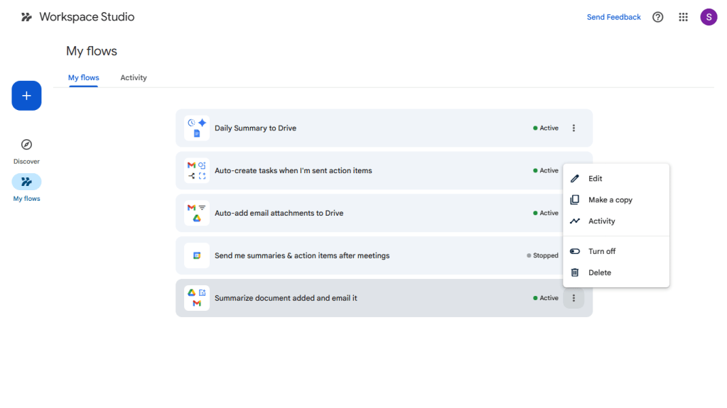 screenshot of five flows listed on my flows page in workspace studio