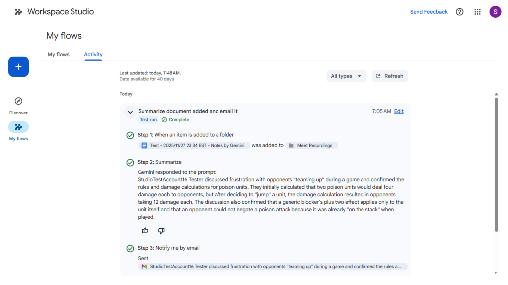 screenshot of activity tab on my flows page in workspace studio, with details about a recently run flow