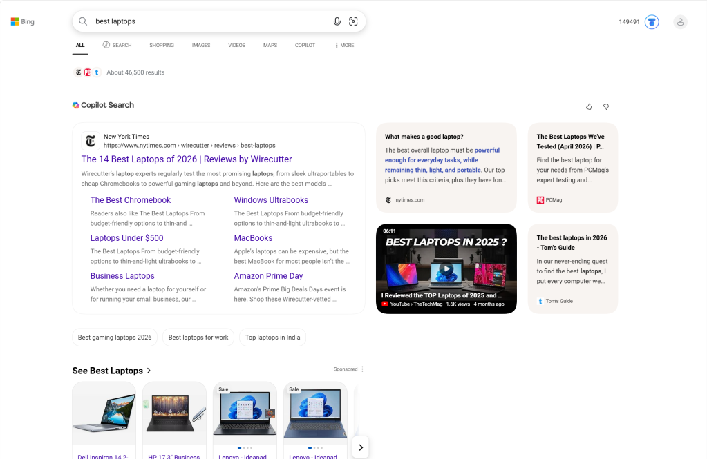 For “best motorcycles,” it put a roundup of the best motorcycles via Cycle World right at the top of the page, with a number of human-created videos below.