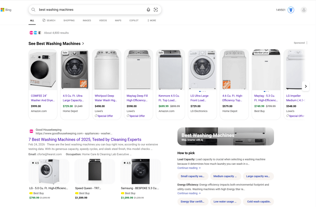 What’s interesting is that Microsoft Copilot isn’t thrust in your face. The default search category is “all,” mixing shopping, videos, and other categories together.