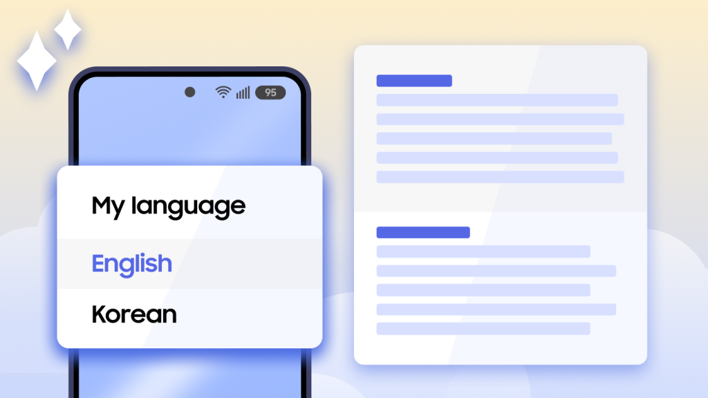 An illustration of a smartphone displaying a language selection pop-up with English selected and Korean listed below, beside a webpage with text blocks.