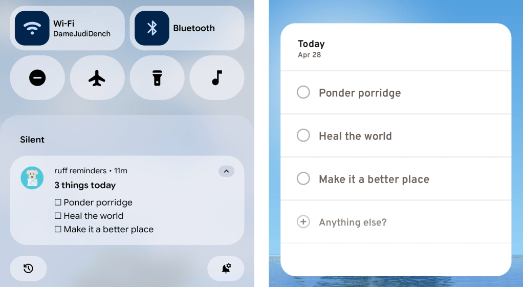 Android reminders app: Ruff Reminders ongoing notification, widget