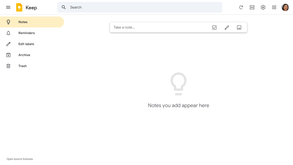 screenshot of google keep home page before any notes have been created
