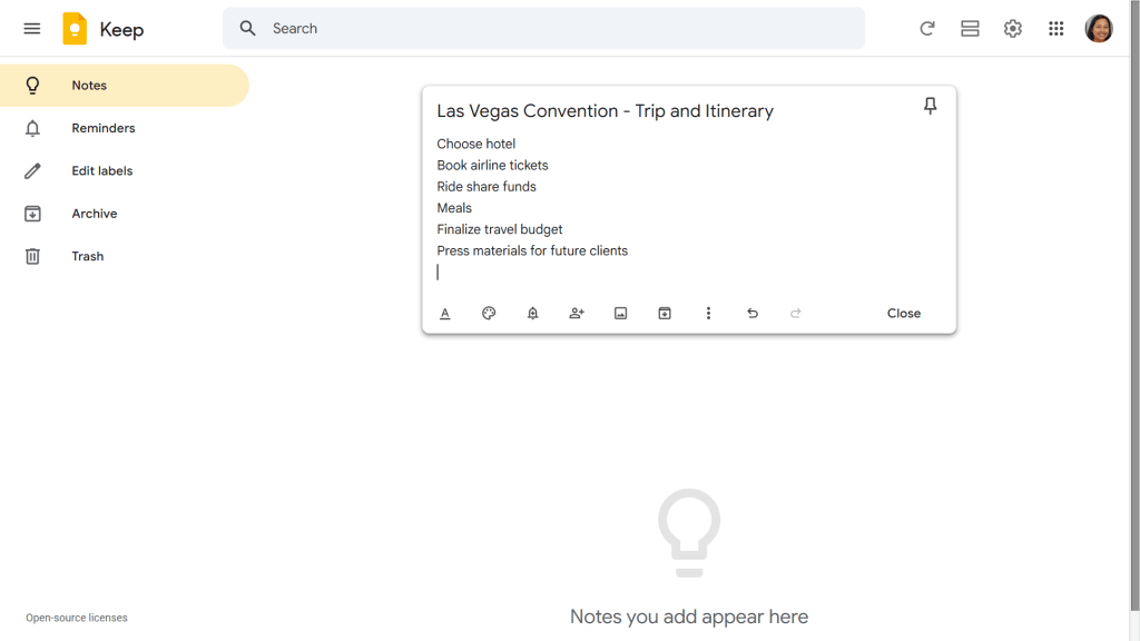 screenshot of google keep with new note being typed in