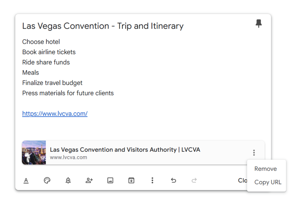 google keep note with thumbnail preview of linked web page at bottom