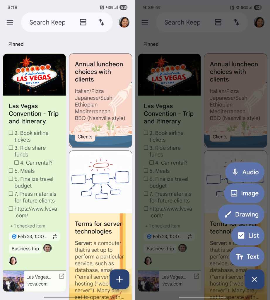 android keep app split screenshot - basic home screen and menu with audio recording button