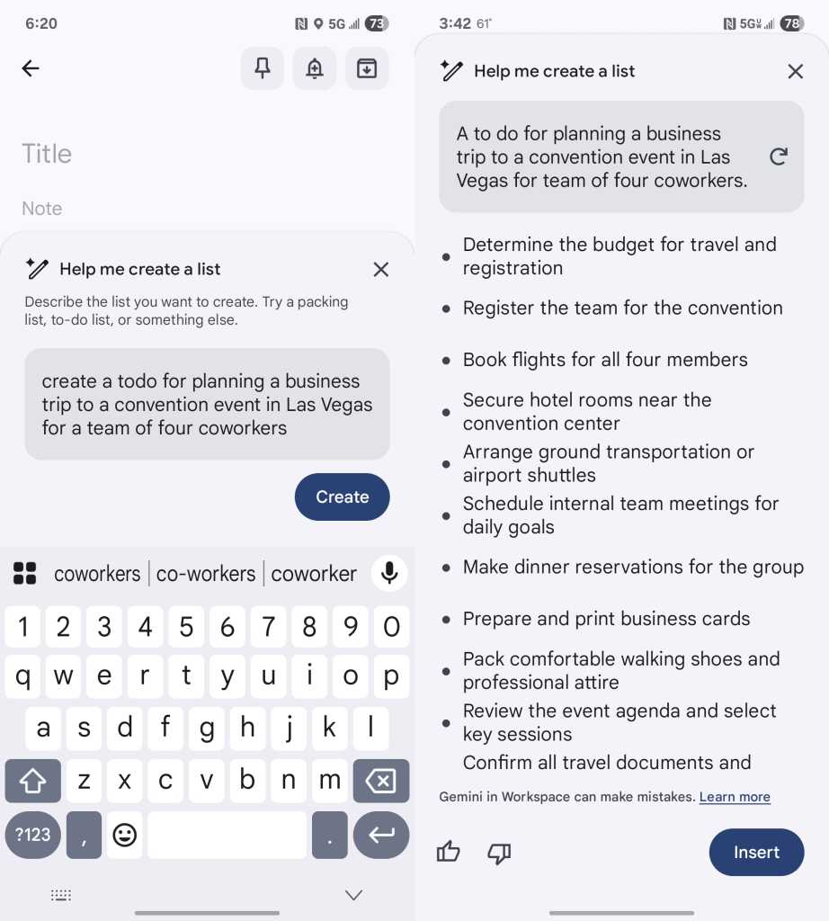 google keep android app with gemini ai creating a list based on a prompt