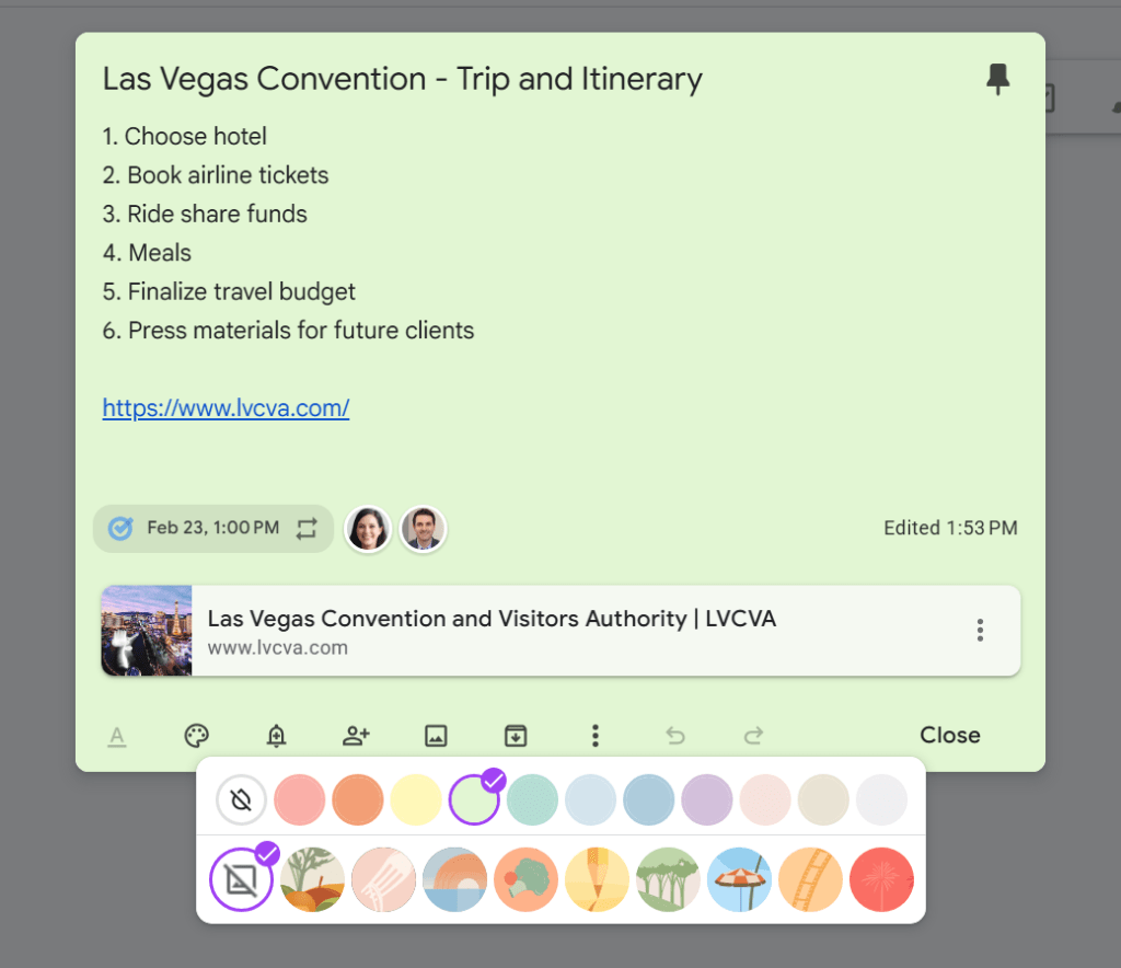 note in google keep with pale green background color