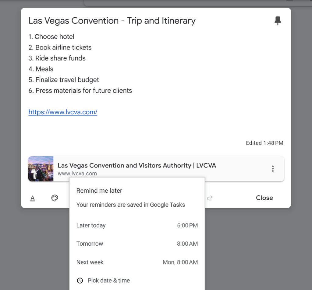 note in google keep with options menu for setting a reminder