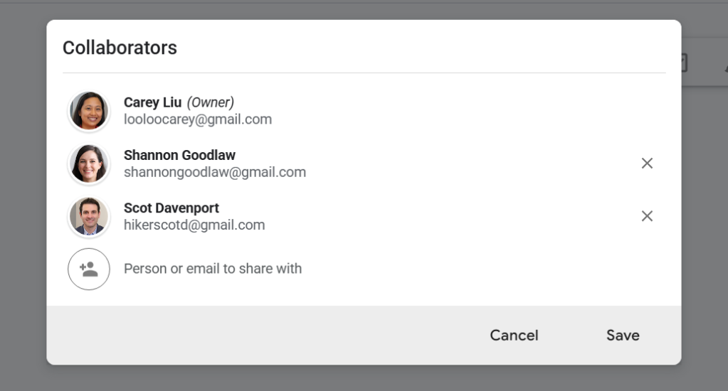 collaborators screen in google keep showing note owner plus two co-workers