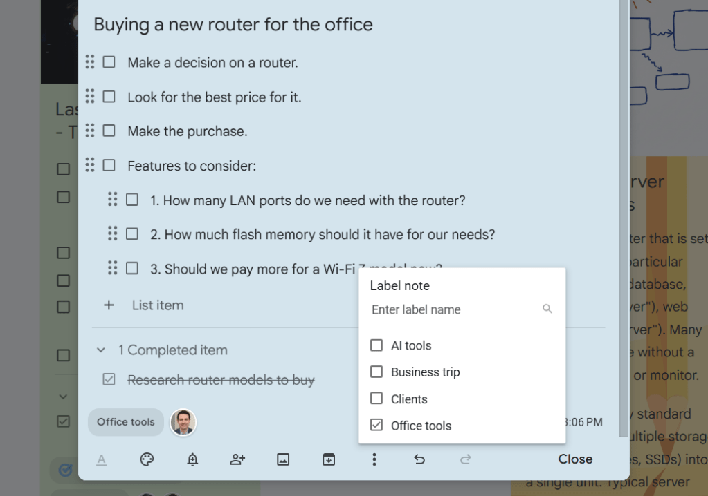 note in google keep with labels menu