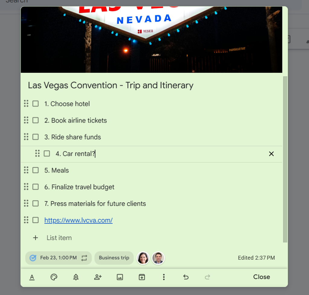 note in google keep with checklist - one item is indented