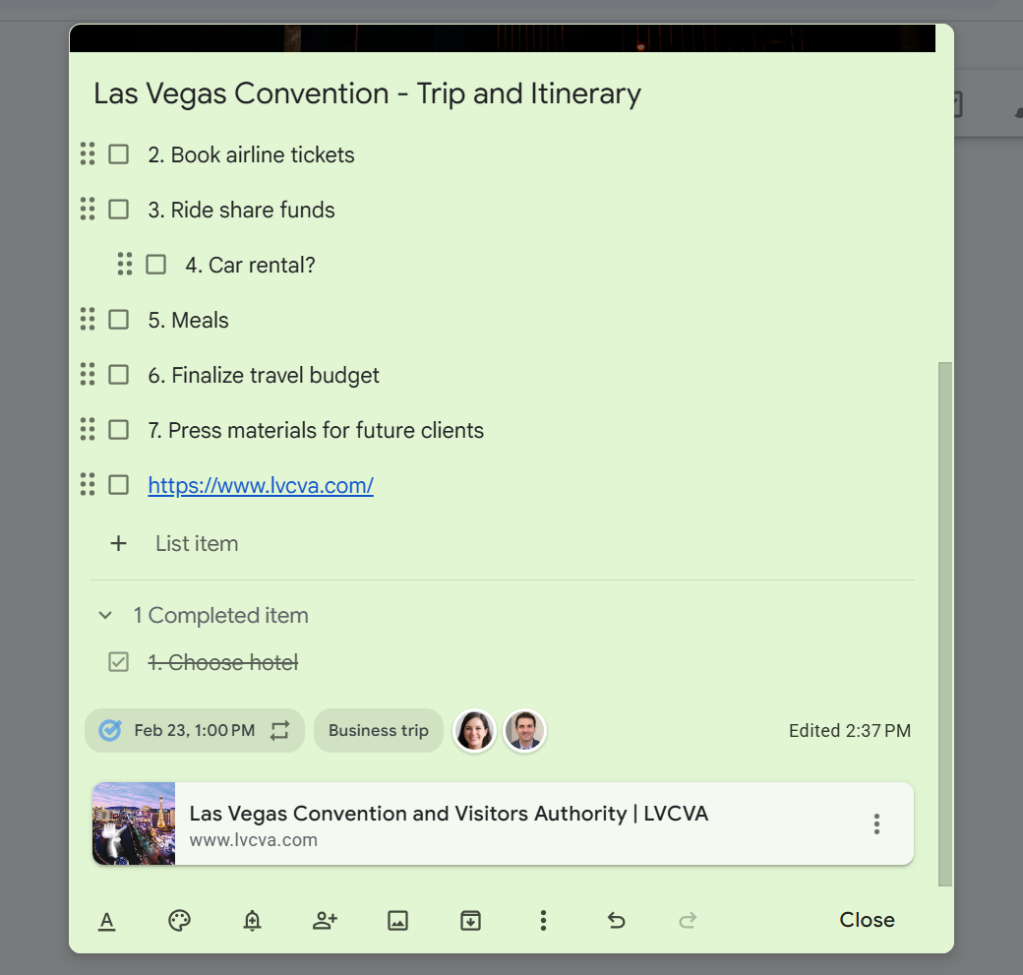 google keep note with checklist - one item is completed and moved to bottom