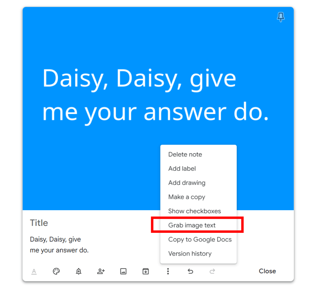 google keep note with an image that has text on it - pop-up menu has grab image text as an option