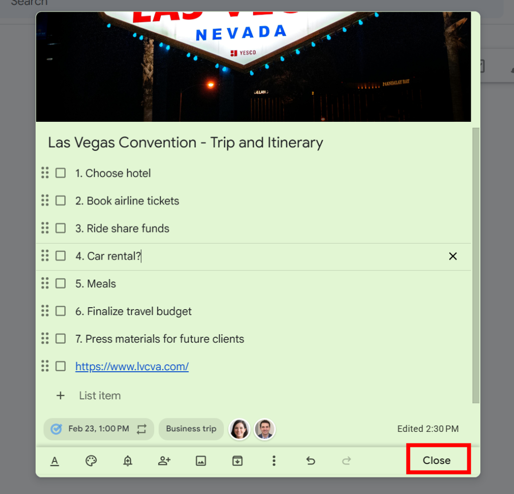 note in google keep with close button highlighted