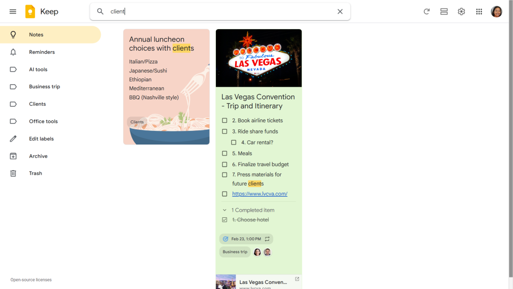 google keep main screen with notes filtered by keyword search