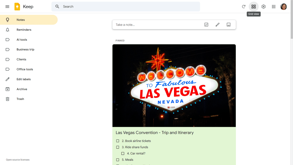 google keep main screen showing notes in list view